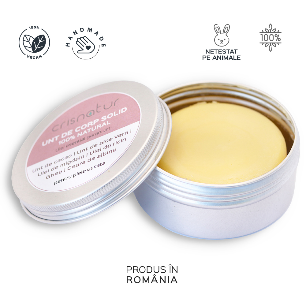 Unt de corp solid piele uscata cu ulei de geranium- natural 100% - realizat manual, 60g - imagine 3