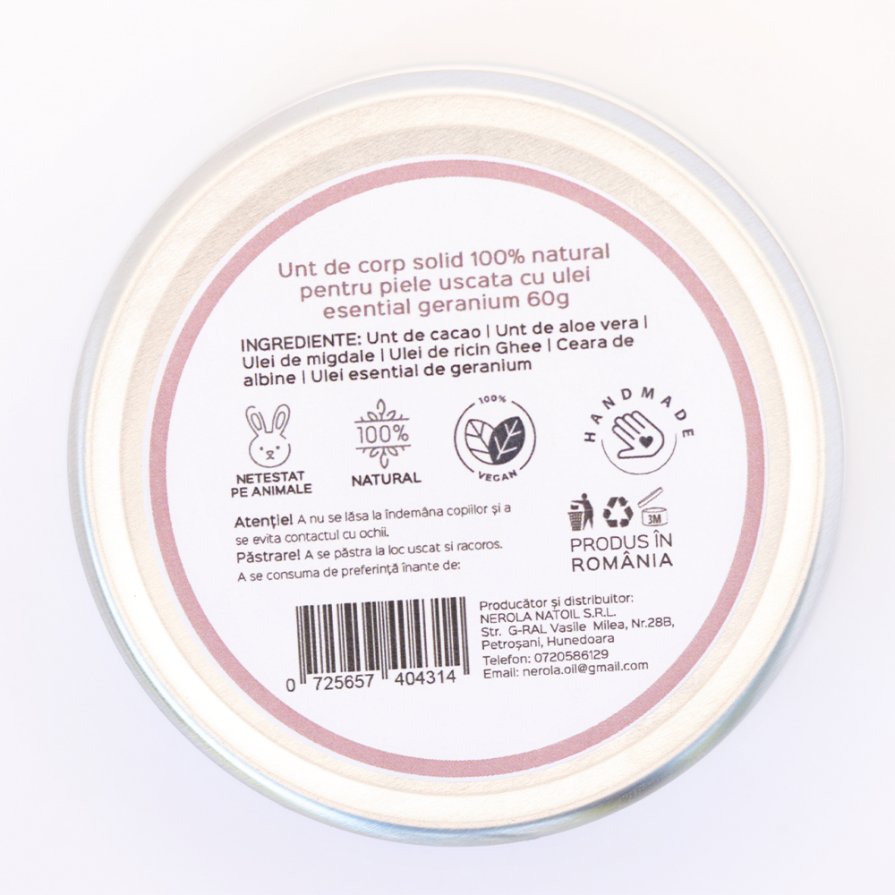 Unt de corp solid piele uscata cu ulei de geranium- natural 100% - realizat manual, 60g - imagine 4