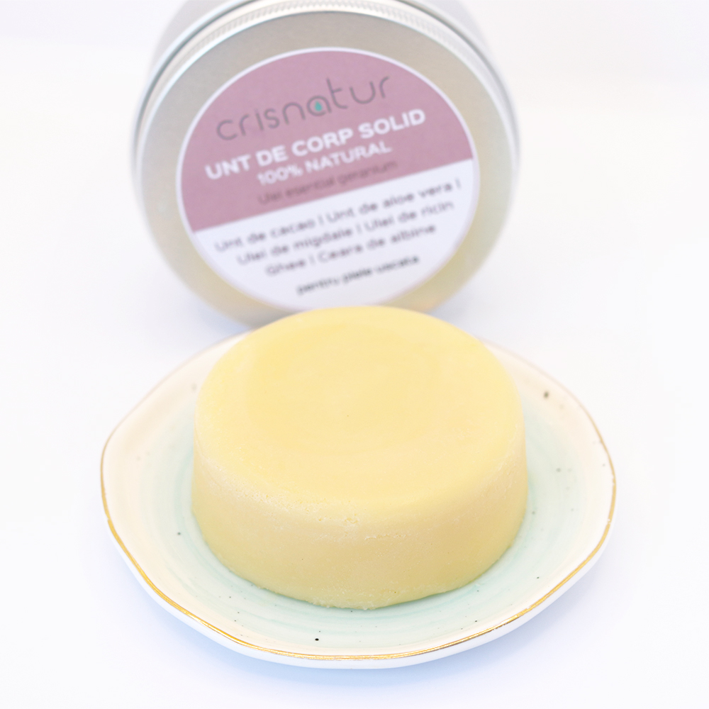 Unt de corp solid piele uscata cu ulei de geranium- natural 100% - realizat manual, 60g - imagine 2