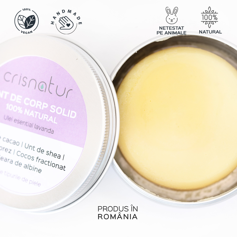 Unt de corp solid toate tipurile de piele cu ulei de lavanda - natural 100% - realizat manual, 60g - imagine 2