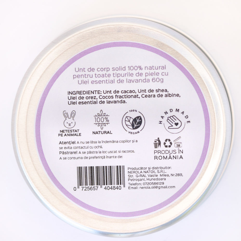 Unt de corp solid toate tipurile de piele cu ulei de lavanda - natural 100% - realizat manual, 60g - imagine 4